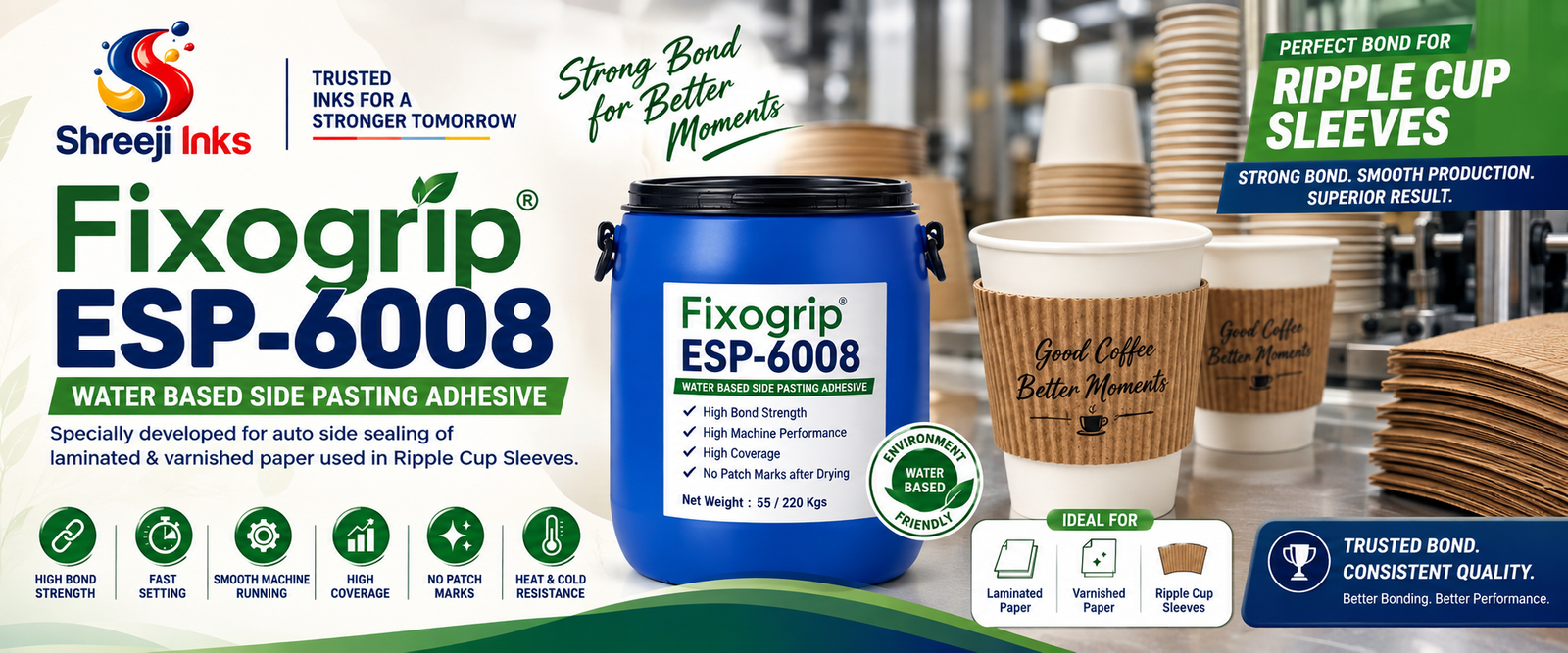 Shreeji Ink Fixogrip ESP-6008 water based side pasting adhesive for ripple cup sleeves